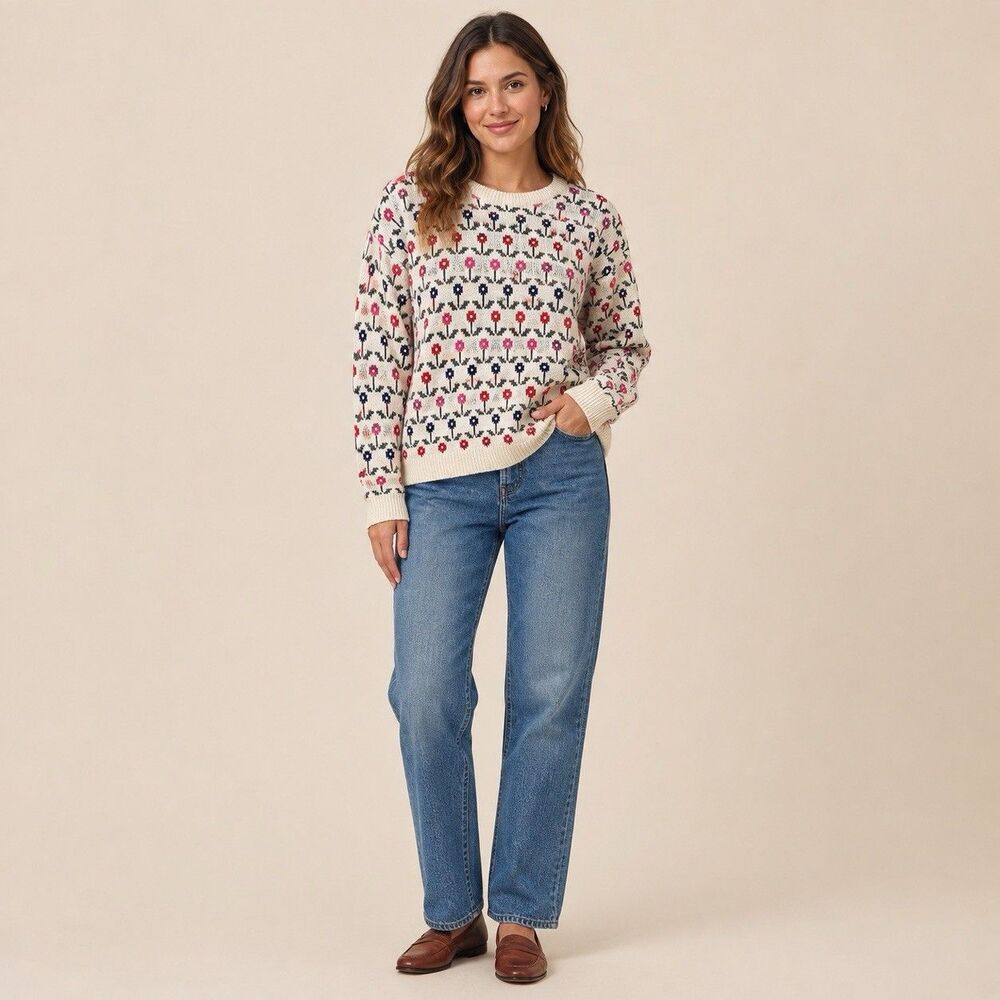 Winona Knits Daisy Crewneck Sweater Floral 80s Grandmacore Fisherman Knit XL